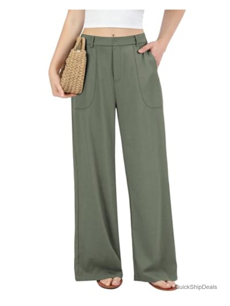 Wide Leg Linen Cotton Pants High Waisted Stretchy Lightweight Trousers Work